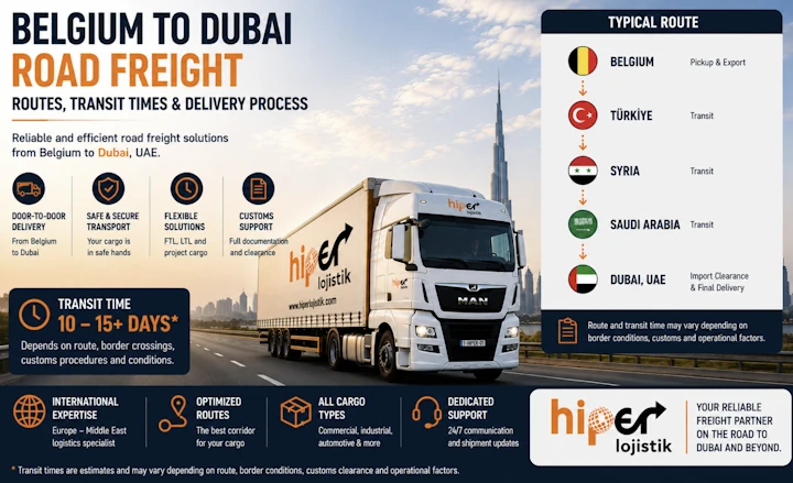 Belgium to Dubai Road Freight: Routes, Transit Times & Delivery Process