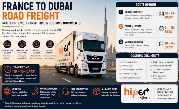France to Dubai Road Freight: Route Options, Transit Time & Customs Documents