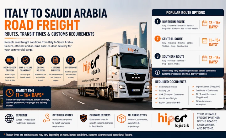 Italy to Saudi Arabia Road Freight: Routes, Transit Times & Customs Requirements